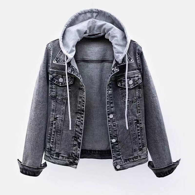 Women's chic hooded denim jacket, perfect for urban style & casual layering. Tailored fit, spring & fall outerwear.