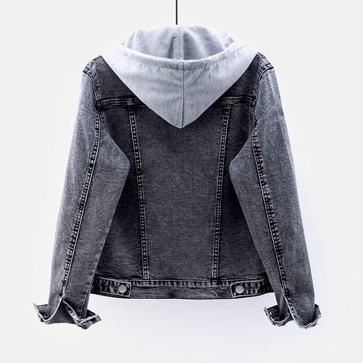 Stylish women's hooded denim jacket with tailored fit, ideal for casual fashion. Versatile spring & fall outerwear.