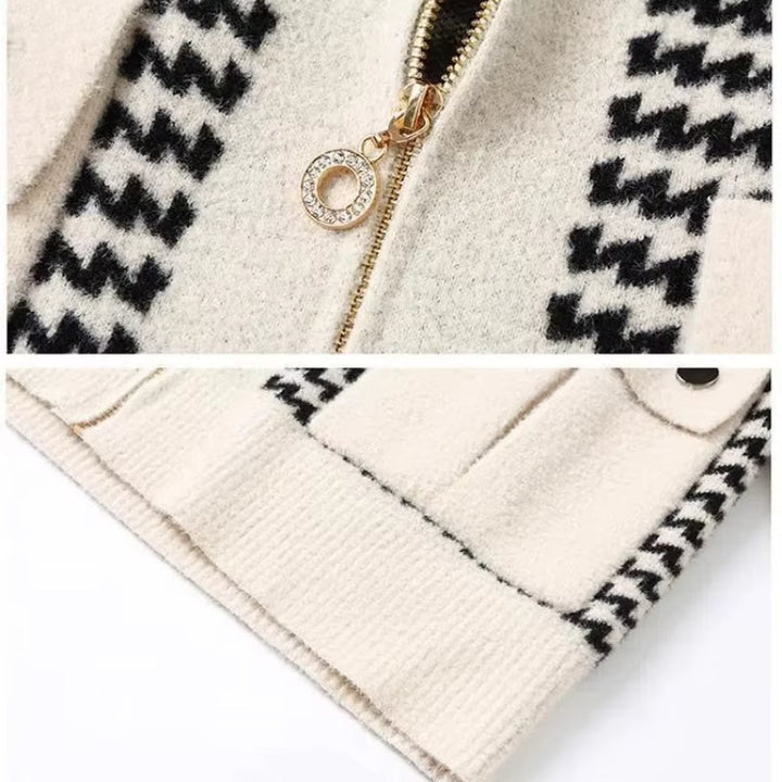 Stylish women's houndstooth zip jacket, a chic fashion statement. Features a versatile relaxed fit for layering.