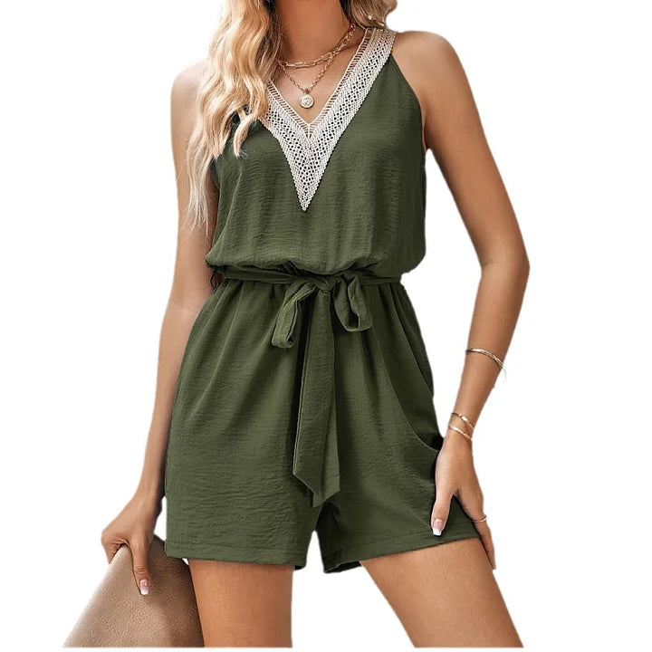 Women's chic lace-trim V-neck romper with tie waist, perfect for summer casual wear and effortless style.