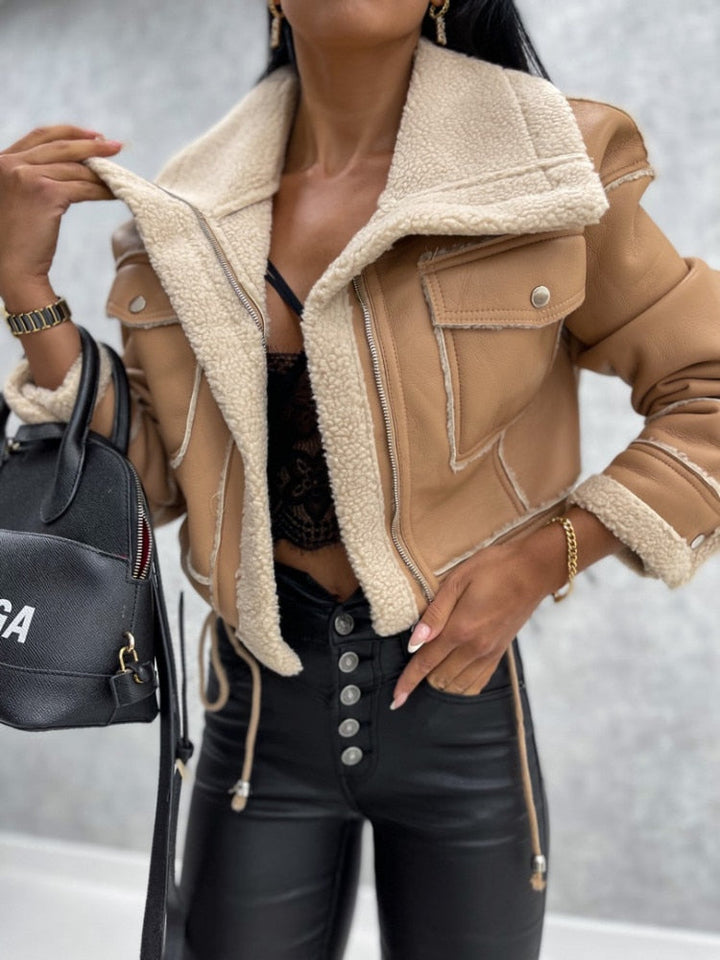 Women's chic lapel motorcycle jacket. Stylish outerwear for fall & winter, comfortable everyday wear.
