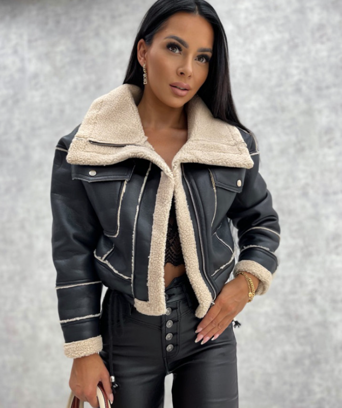 Comfortable women's motorcycle jacket with warm sherpa lining & chic lapel. Ideal fall & winter outerwear.
