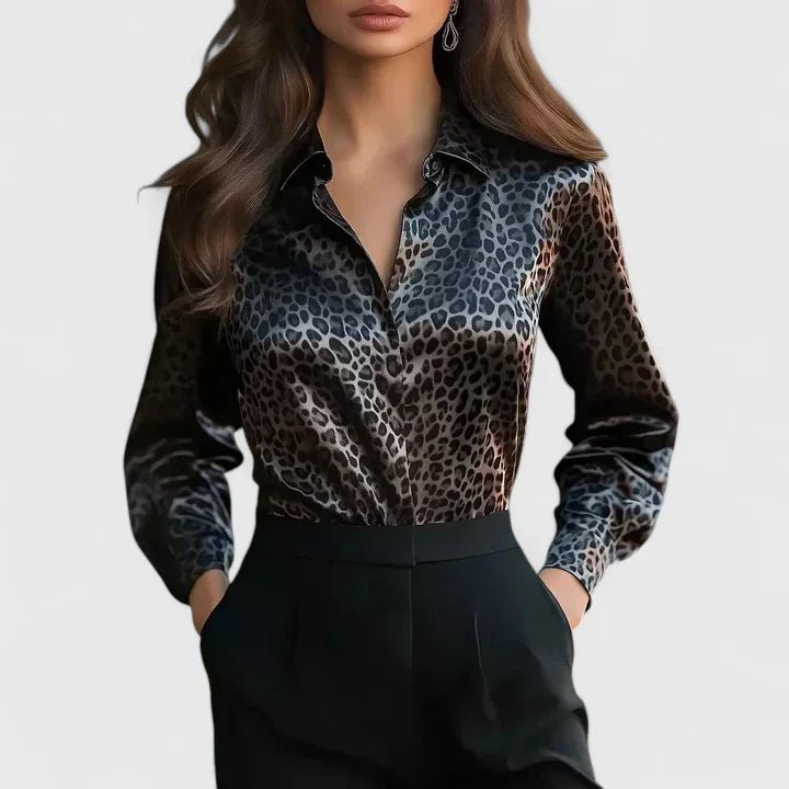 Women's chic leopard print long-sleeve collared blouse, perfect for work or stylish everyday wear.