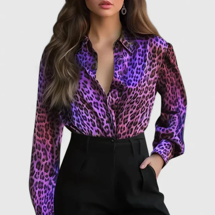 Elegant women's animal print collared blouse featuring a sophisticated leopard pattern & long sleeves.