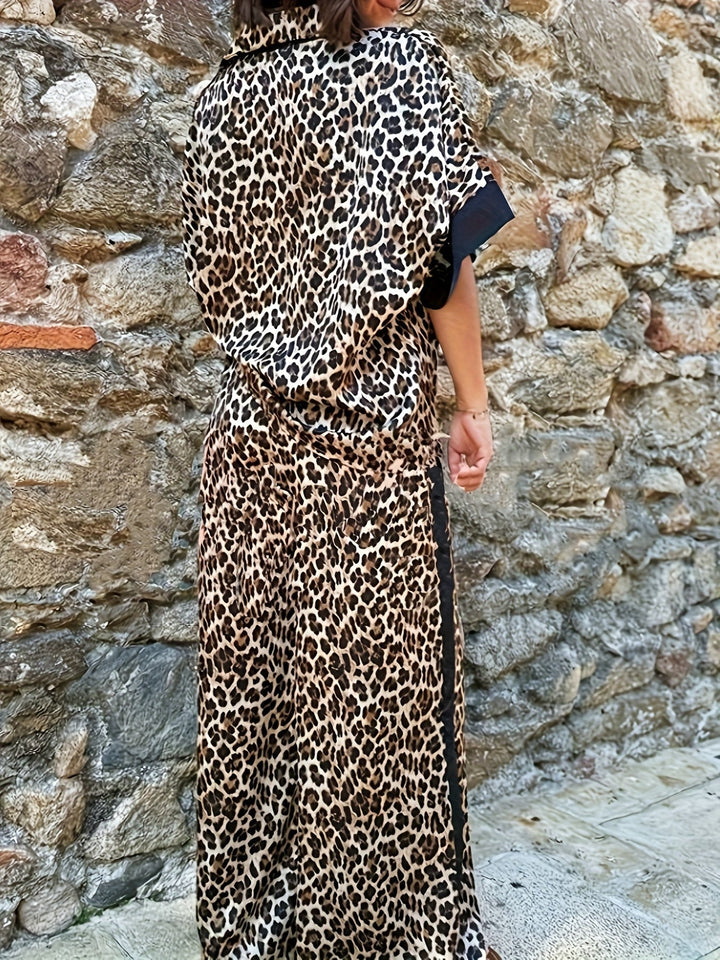 Designer women's leopard print V-neck wide leg jumpsuit. Perfect trendy, comfortable style.