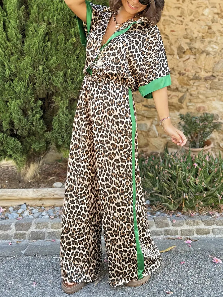 Trendy leopard print wide leg jumpsuit with a flattering V-neck, a must-have women's fashion piece.