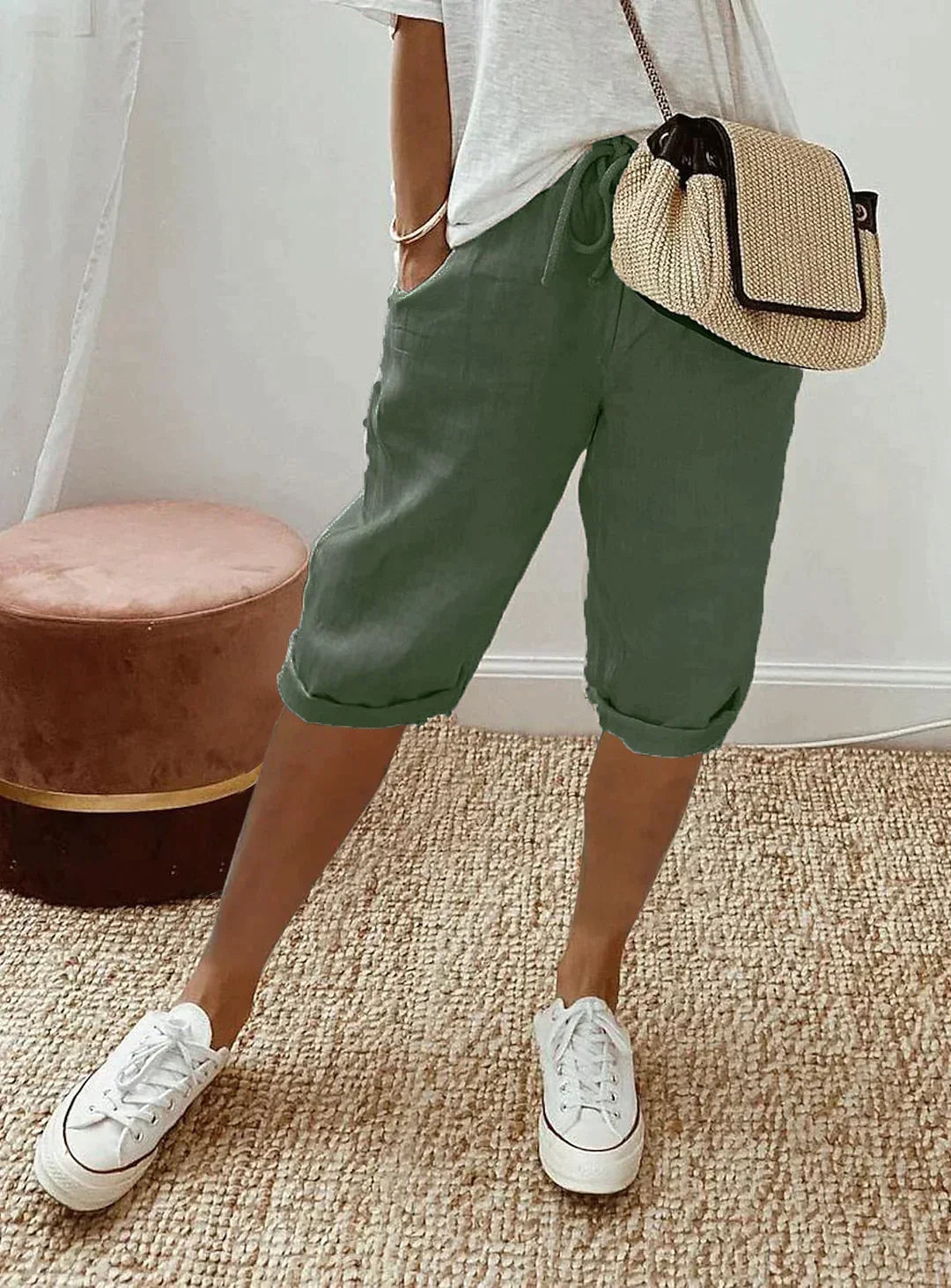 Stylish women's summer linen pants in a vibrant color, offering chic comfort & a relaxed fit for daily fashion.