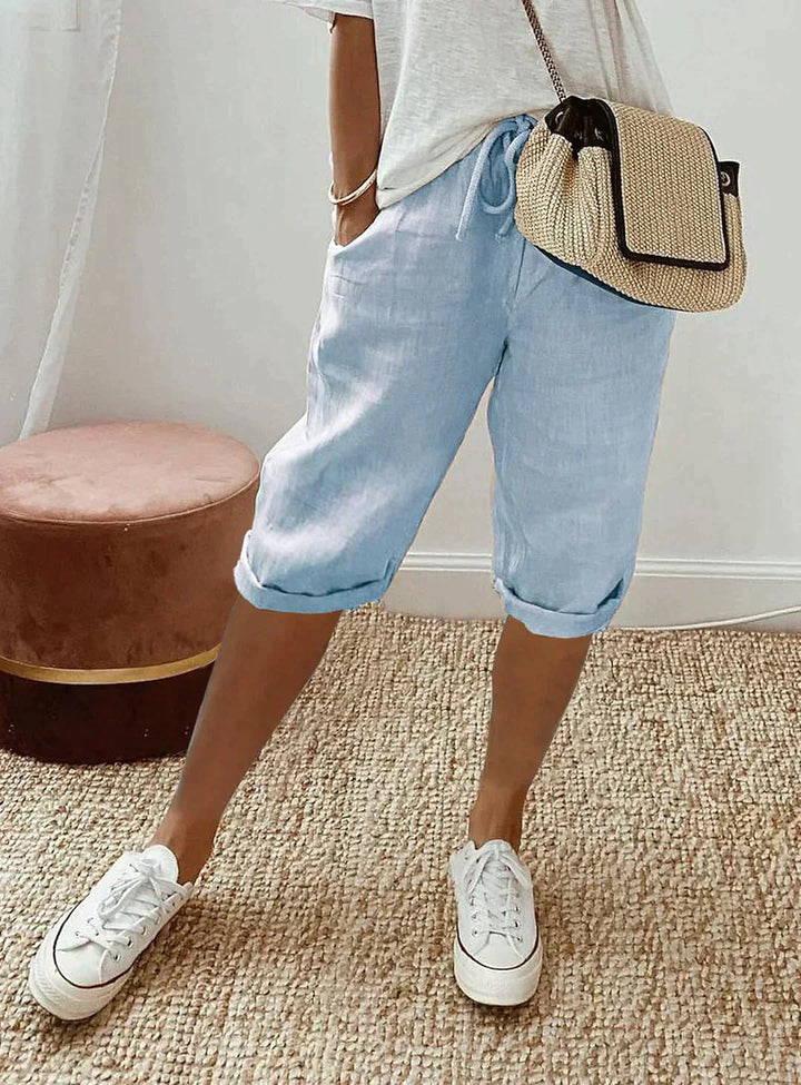 Lina women's comfortable summer linen trousers, chic & versatile pants for everyday fashion and relaxed elegance.