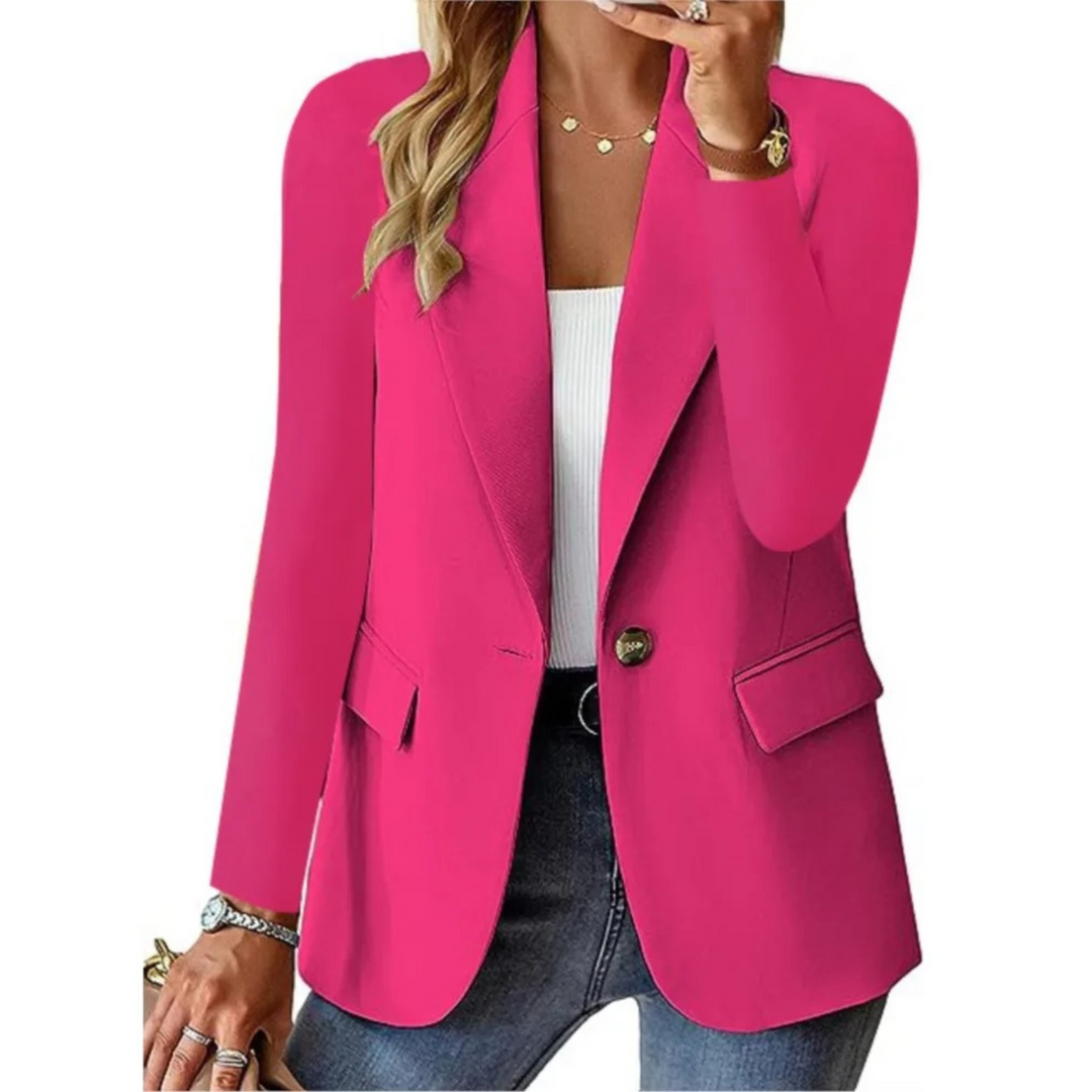Stylish women's long sleeve blazer with clasp pockets. Versatile office wear or casual jacket.