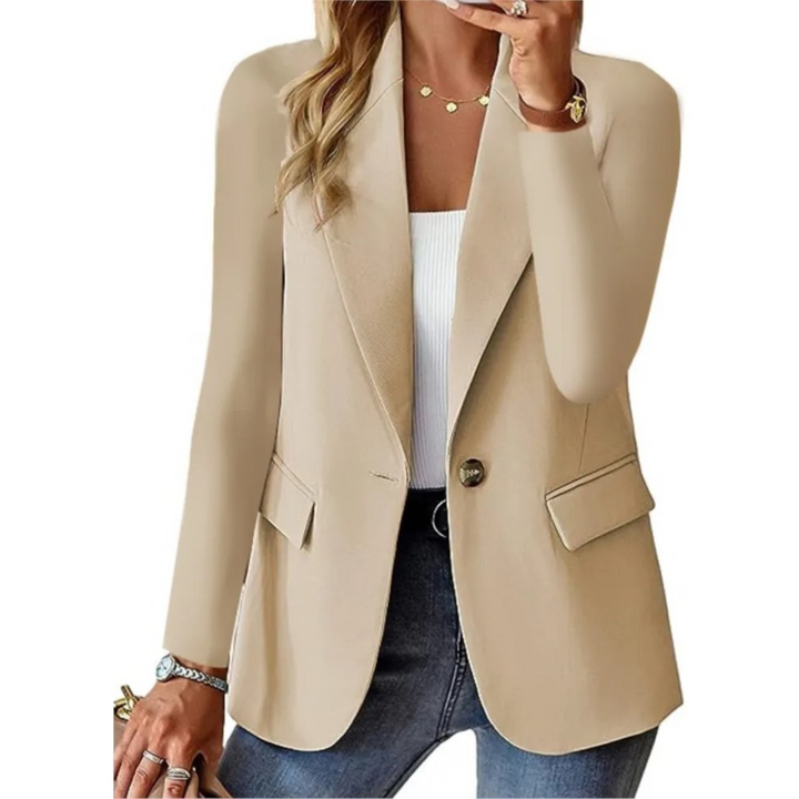 Versatile women's long sleeve blazer featuring clasp pockets. Ideal formal office wear or chic casual jacket.