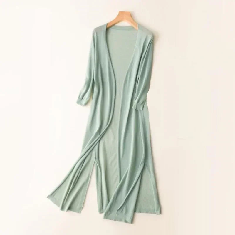 Classic long-sleeve women's cardigan, offering timeless chic style for all seasons.