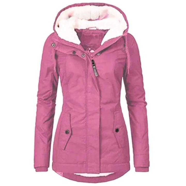 Stylish women's long winter jacket, ideal for cold weather, combining fashion & warmth.