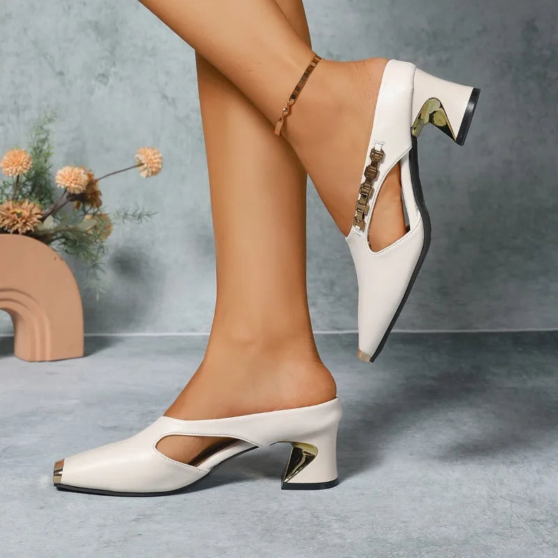 Elegant women's gold metal toe heels. Stylish fashion high heels, great statement shoes for evenings.