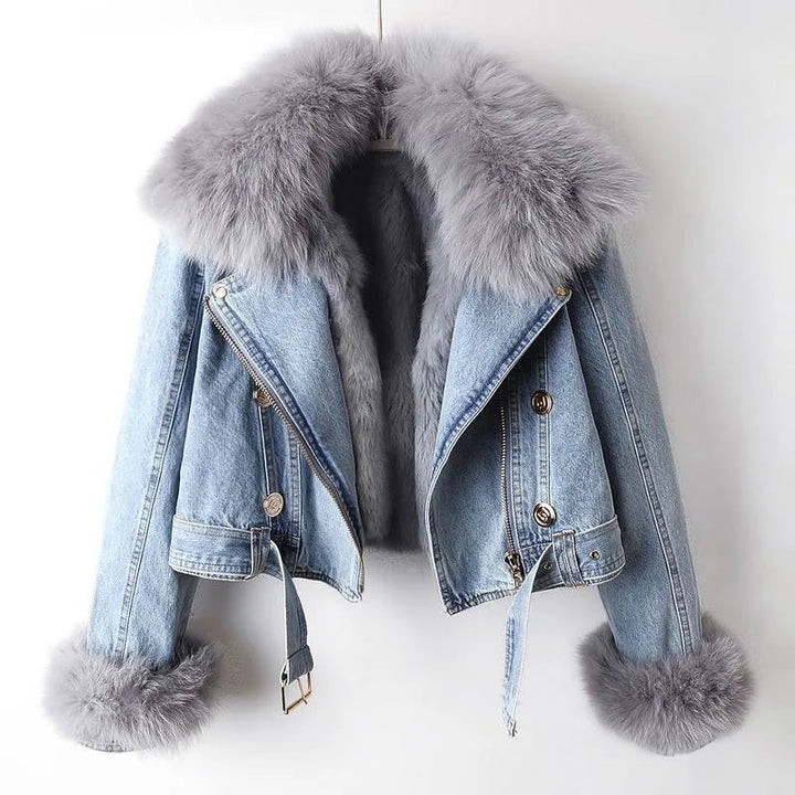 Women's chic moto jacket with a plush collar, a versatile layering piece for fall fashion.