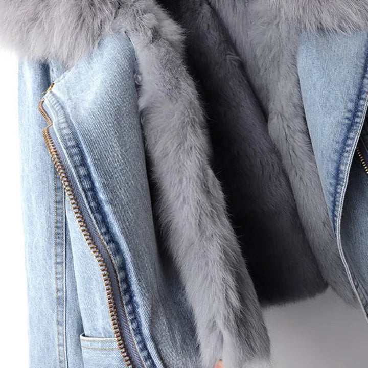 Fashionable women's moto jacket with a cozy plush collar, an essential fall layering piece.