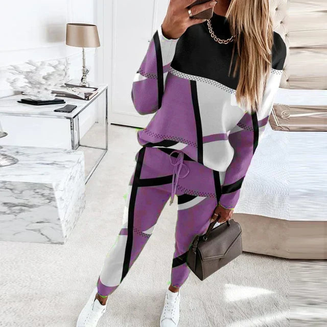 Cozy women's O-neck top and long pants matching set, perfect comfortable loungewear.