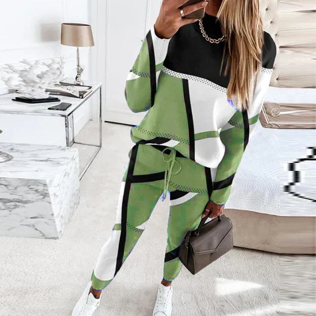Stylish women's 2-piece set with O-neck top & long pants for a chic fall fashion look.