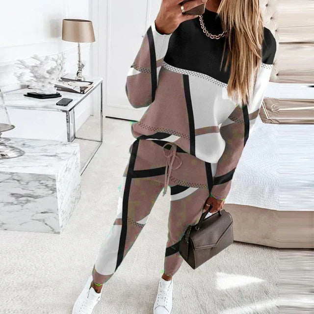 Versatile women's O-neck top & long pants set, ideal for casual outfits or everyday style.