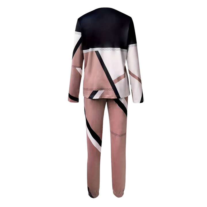 Model wearing a chic women's O-neck top and long pants 2-piece set, comfortable for everyday.