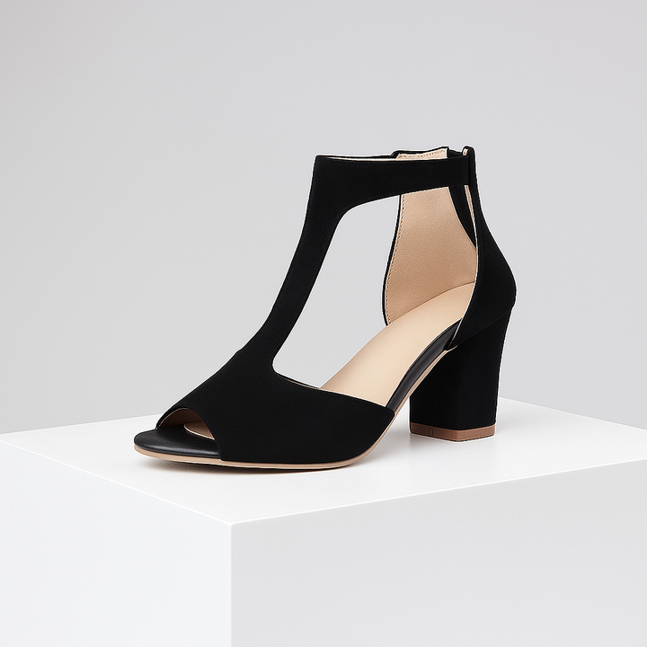 Women's chic open-toe block heels. Elegant dress shoes perfect for all-day style.