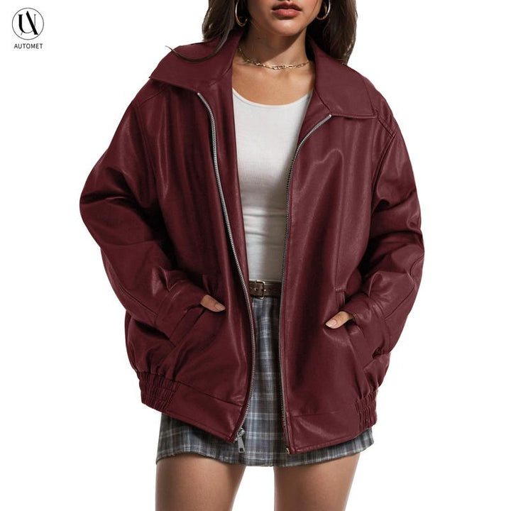 Women's chic oversized black zip jacket, a modern statement piece for versatile style.