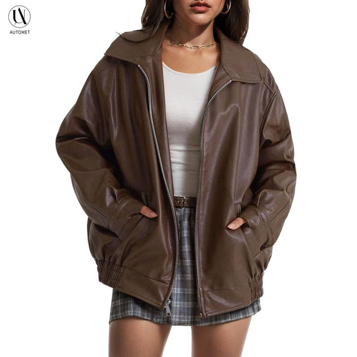 Stylish burgundy oversized zip jacket for women, perfect for edgy fall and spring fashion.