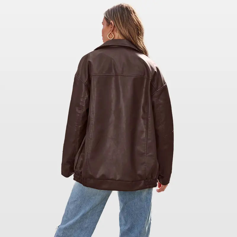 Chic women's oversized zip jacket, blending modern style with an edgy, comfortable feel.