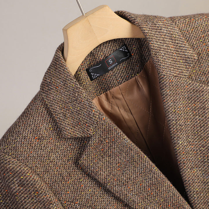Polished brown women's blazer, a chic jacket with notched lapel, suitable for professional and elegant outerwear.