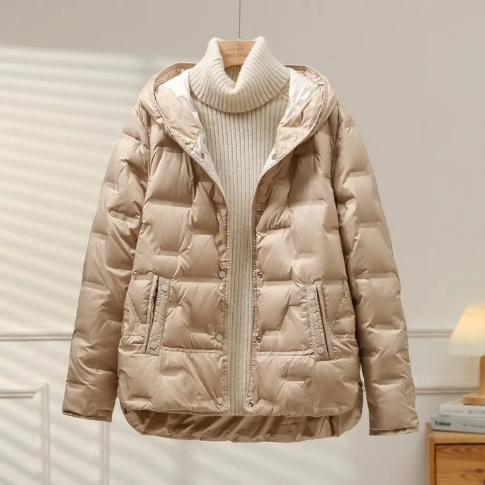 Fashionable woman wearing a chic quilted puffer jacket, perfect casual outerwear for winter warmth.