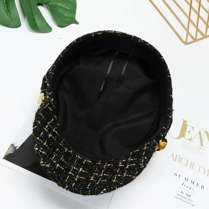 White cotton tweed women's cap featuring a chic gold chain, a versatile fashion hat.