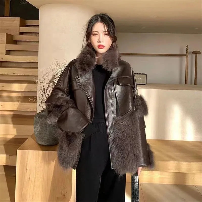 Cozy women's long-sleeve plush outerwear, a classic retro jacket providing elegant warmth and style.