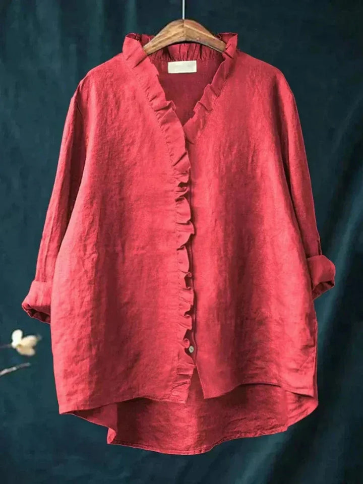 Women's chic ruffle blouse, relaxed fit, long sleeves. Elegant top for versatile fashion & everyday wear.
