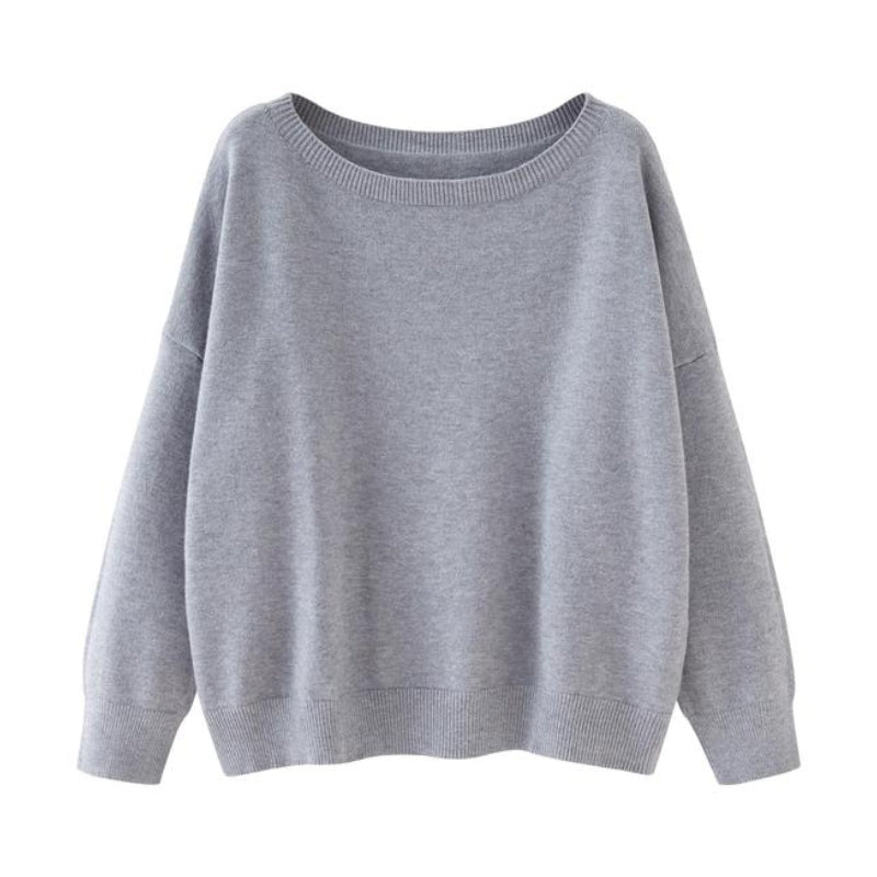 Cozy women's relaxed fit scoop neck sweater with drop shoulder, perfect for stylish casual wear & layering.