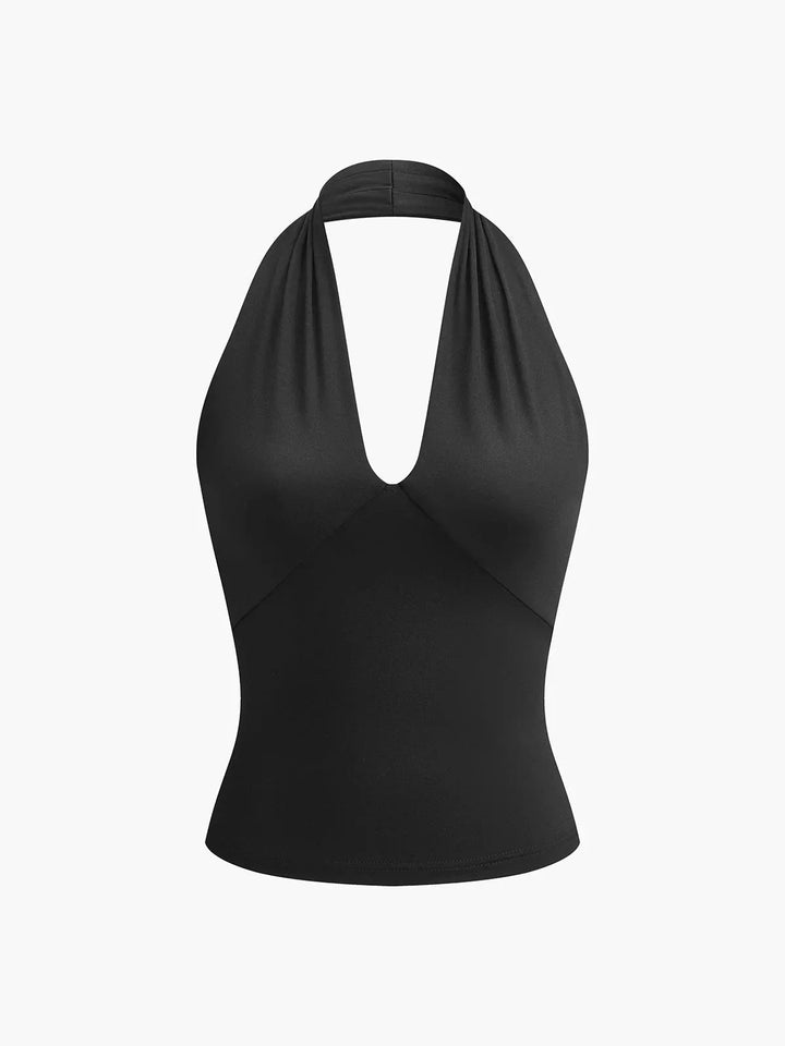 Slim fit ladies sleeveless top, chic halter neck & crossover V-neck, ideal for elegant casual daily wear.