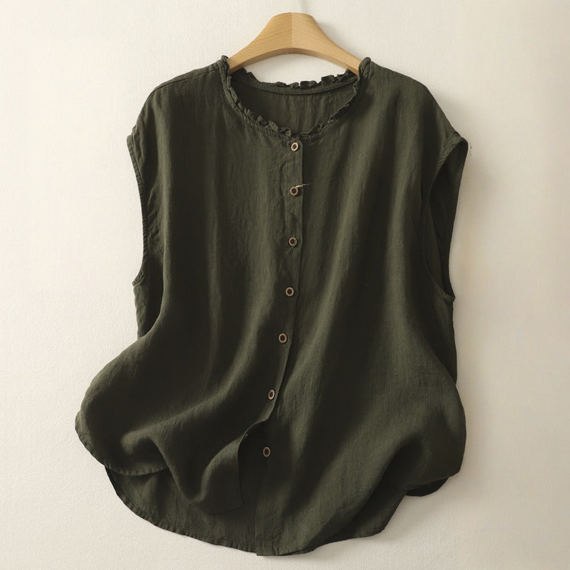 Red sleeveless stand collar blouse, a versatile top for women seeking casual chic and sophisticated elegance.