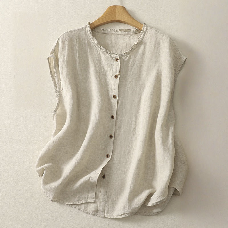 Olive green sleeveless stand collar top, ideal for a minimalist fashion look and elegant women's style.