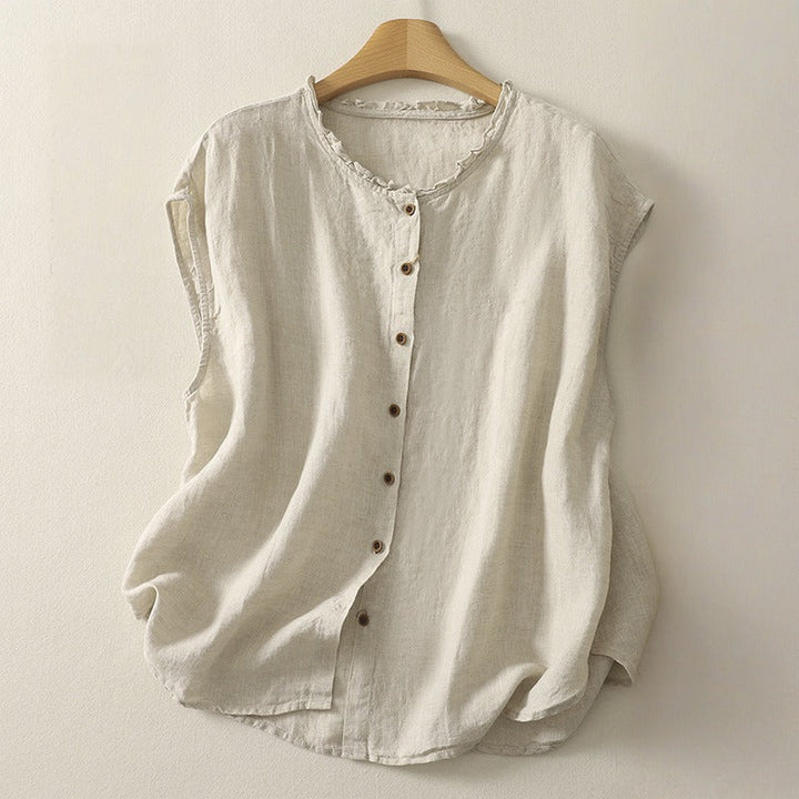 Olive green sleeveless stand collar top, ideal for a minimalist fashion look and elegant women's style.