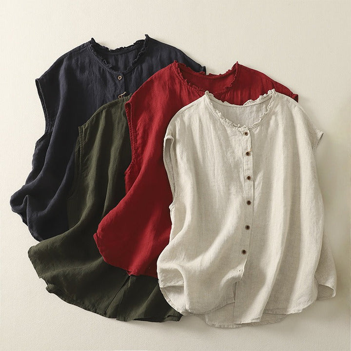 Navy blue sleeveless stand collar shirt for women, embodying sophisticated style and versatile casual chic.