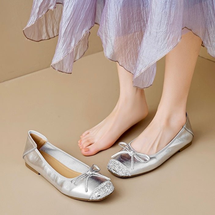 Stylish slip-on square toe ballet flats for women, featuring a charming bow and comfortable fit.