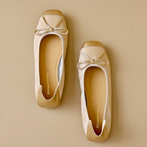 Versatile women's slip-on ballet flats with a square toe and bow, perfect for work or leisure.