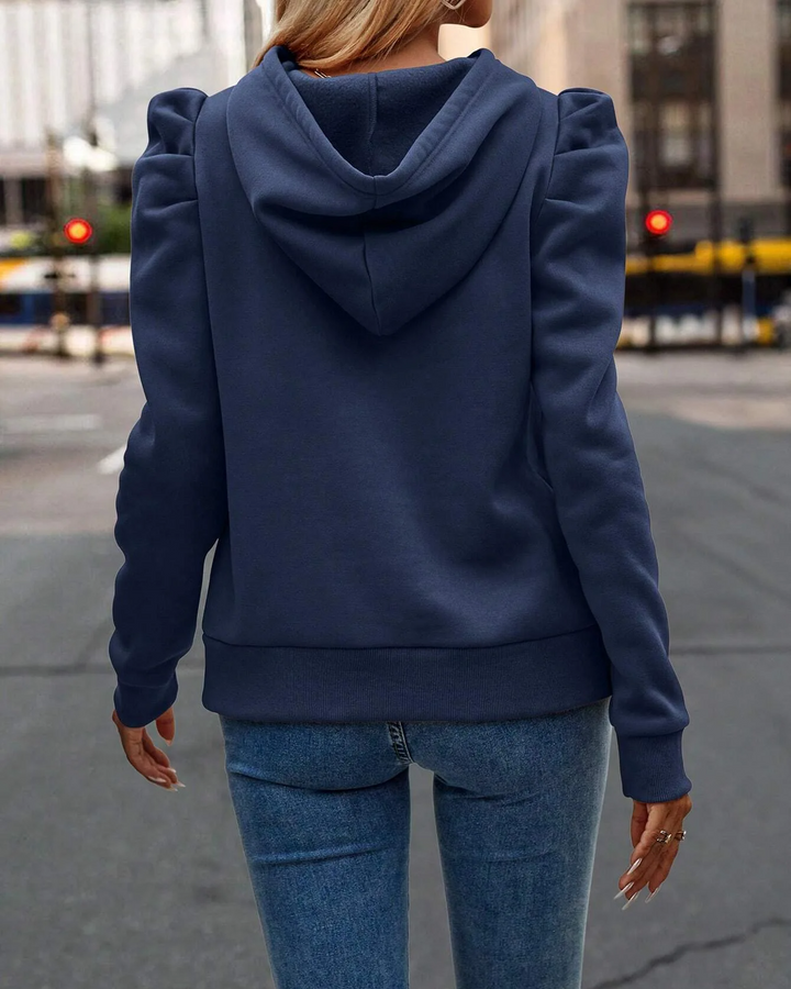 Front view of a women's comfortable stacked sleeve hoodie, a chic choice for everyday wear.