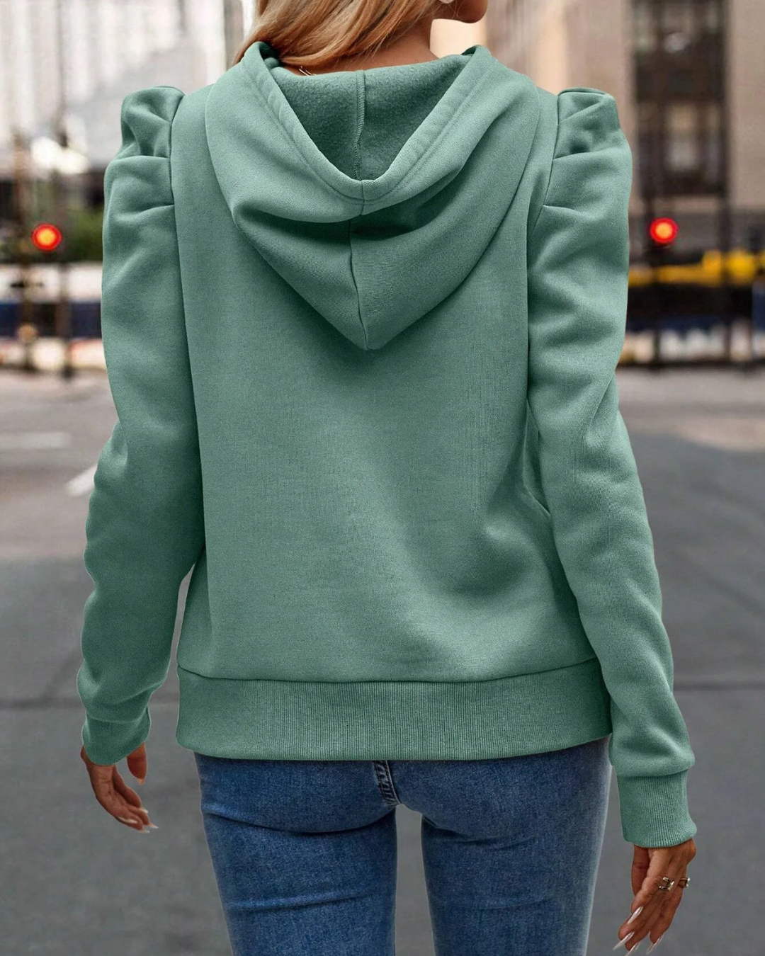 Women's chic stacked sleeve hoodie, a trendy sweatshirt with ruched shoulder detail.