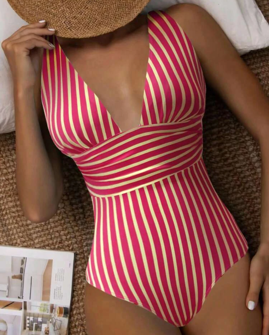 Flattering & chic striped one-piece swimsuit for women, ideal summer fashion for the beach or poolside.