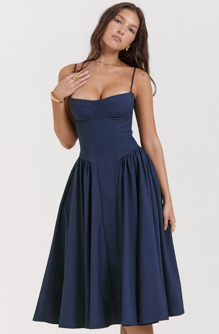 Stylish women's midi dress for summer, with a flattering corset waist & adjustable straps.