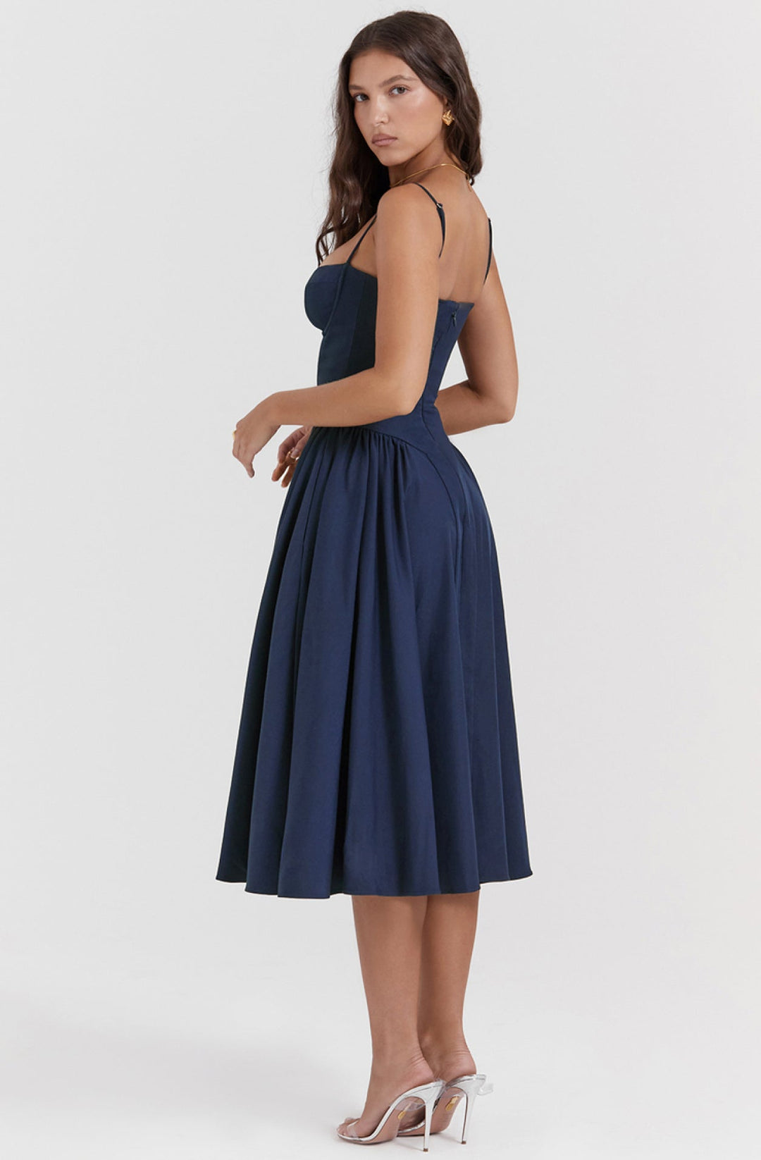Mira summer midi dress: elegant women's wear with corset waist & delicate spaghetti straps.
