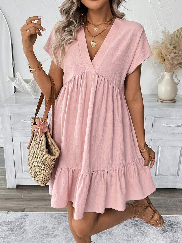 Casual women's summer mini dress, light and airy with elegant ruffles. Great for warm weather & relaxed outings.