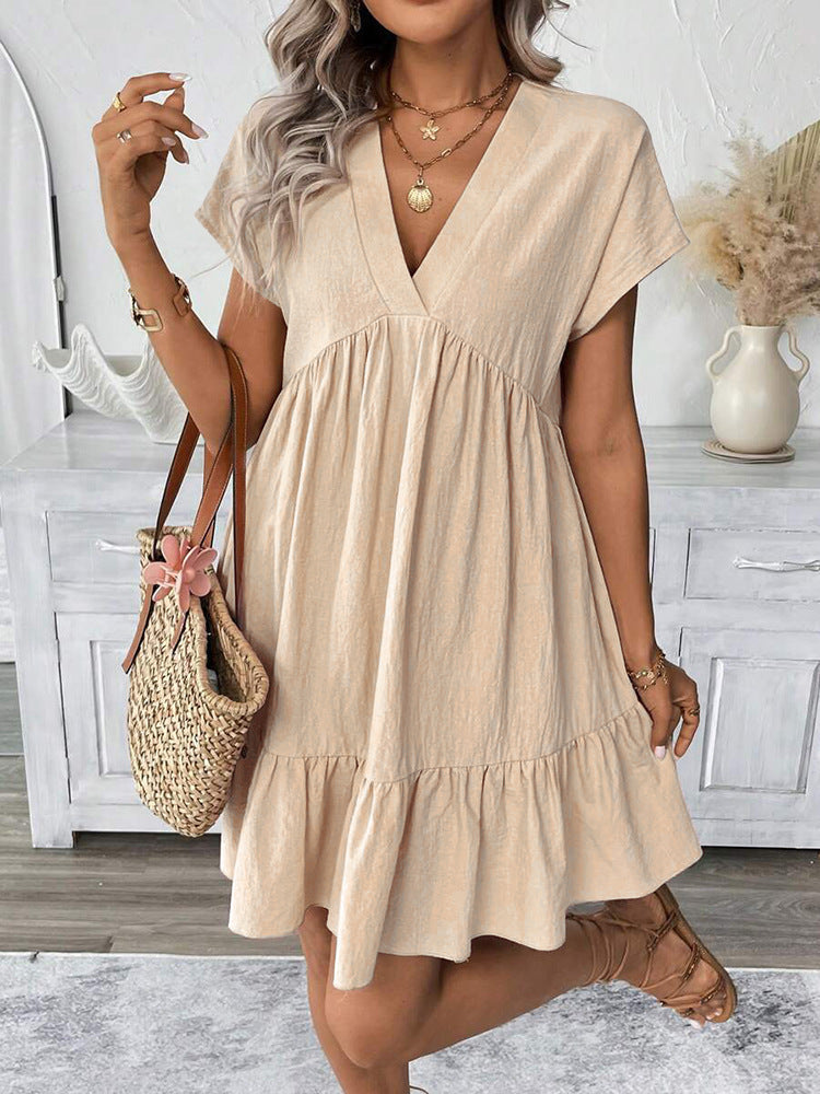 Trendy women's V-neck mini dress, sleeveless with cute ruffles. A comfortable & chic choice for summer days.