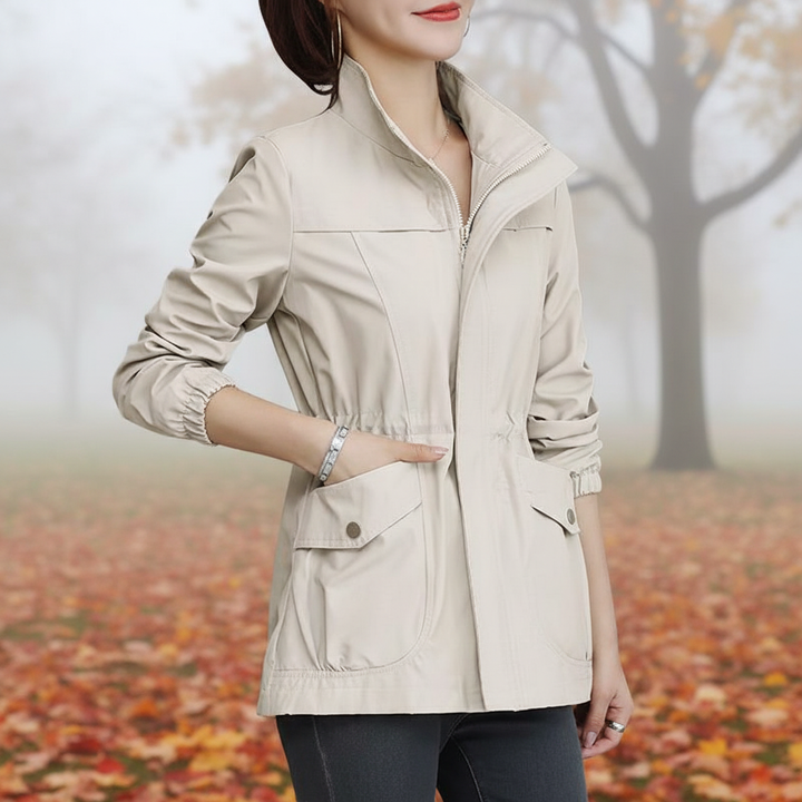 Women's chic transitional jacket for autumn & spring. Lightweight, elegant outerwear with stand-up collar.