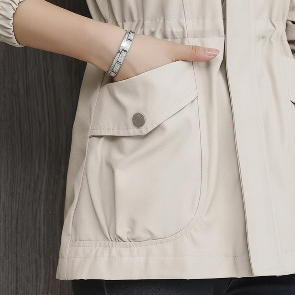 Lightweight women's autumn jacket with stand-up collar. Chic outerwear for transitional weather & fashion.
