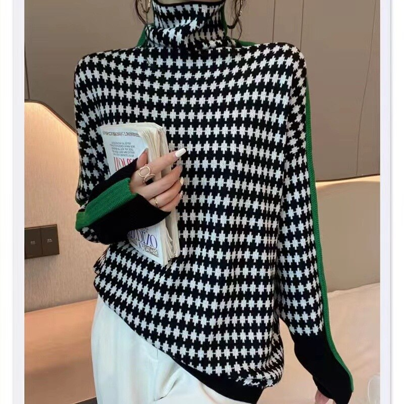 Women's chic turtleneck sweater. Cozy knit, oversized fit pullover for fall & winter comfort.